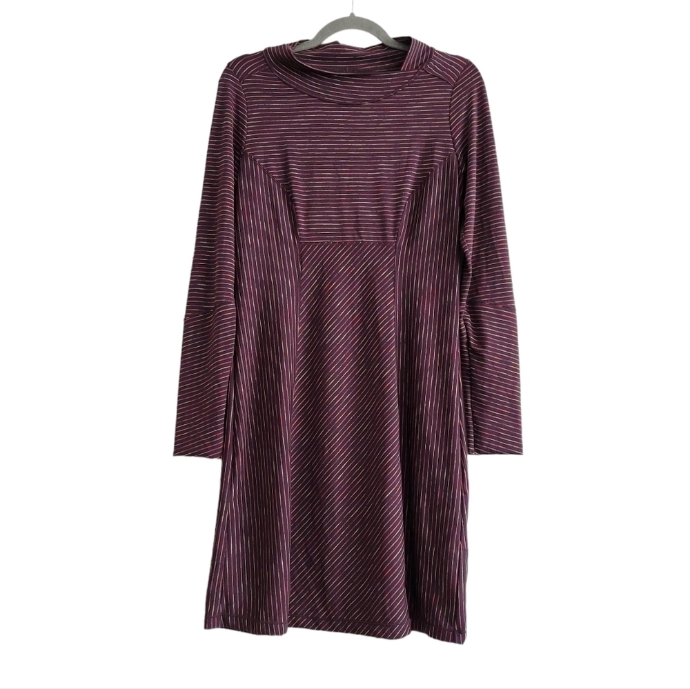 Prana Athletic Long Sleeve Stretch Knee Length Dress Plum Scramble Stripe